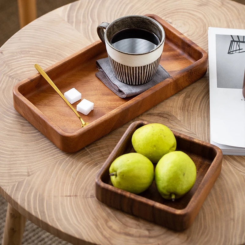 Walnut Wood Storage Tray Round Rectangle Tea Coffee Snacks Serving Tray Fruit Dessert Cake Plate Desktop Organizer Home Decor