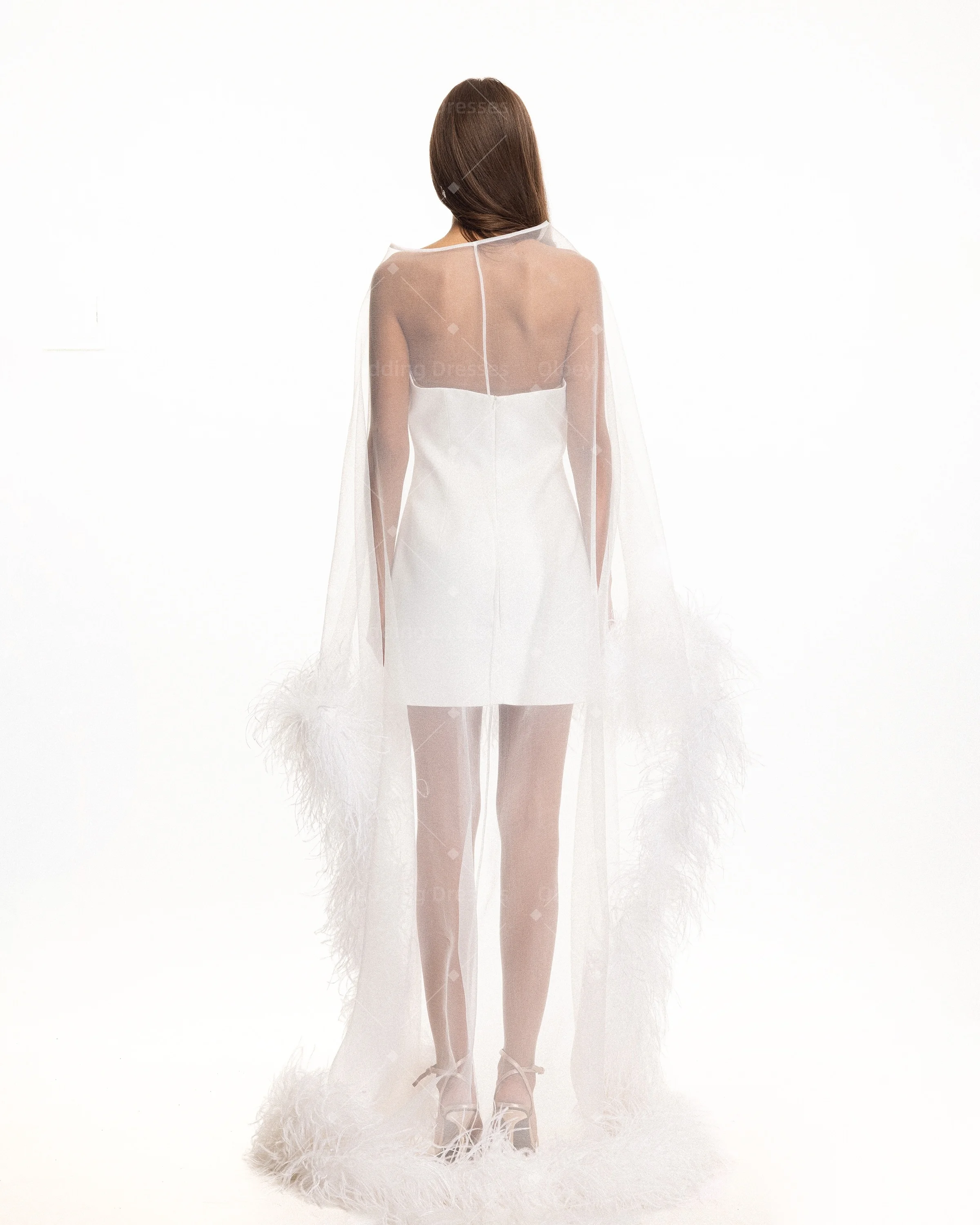 OLOEY 2026 White High Neck Sheer Long Sleeve Mini Feather Evening Dress Long Train Luxury Ostrich Feather Cocktail Party Gown