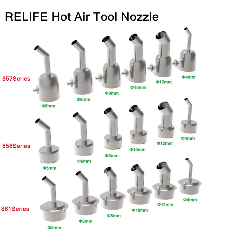 

RELIFE 861/857/858 Series Hot Air Nozzle 45 Degree Curved Angle Welding Nozzle Hot Air Rework Station Nozzle 4/5/6/8/10/12MM Hea