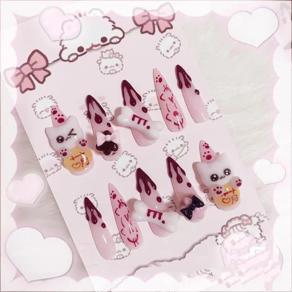 Niedliche Retro Japanische Rilakkuma Rosa Kaninchen Mandel Künstliche Nägel 3D Schleife Stern Katzenpfote Erdbeere Aufklebenägel Handaccessoires – Detail 12