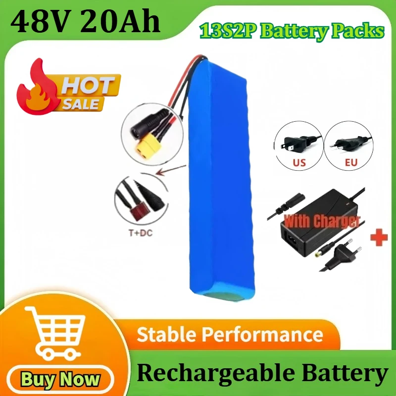 

New 48V 20Ah 18650 13S2P Lithium Battery Packs for 54.6V Built-in Bms with Charger for XT60 +DC /T+DC Plug High Power Battery