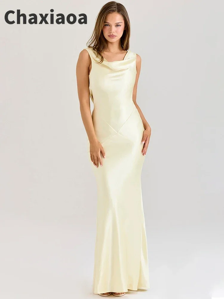 Chaxiaoa Satynowa Sukienka Maxi Bez Pleców z Drapowaniem, Seksowna, Damska Moda, Dekolt typu Cowl, Bez Rękawów, Wysoki Stan, Sukienka Długa na Imprezę Klubową, Nowa