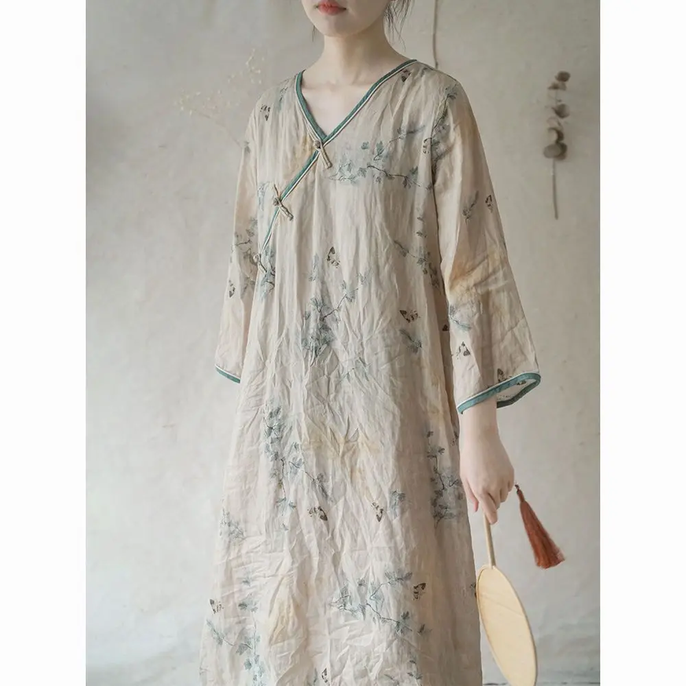 

China Retro Improved Printed Cotton Linen Cheongsam Dress Spring Summer Loose Chinese Style Placket Buckle Zen Tea Qipao