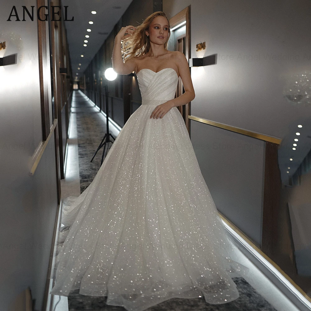 ANGEL Sparkle Customized Princess Wedding Dresses 2025 A-Line Strapless Tulle Pleated Bridal Gowns Bow Lace Up Vestido de Novia