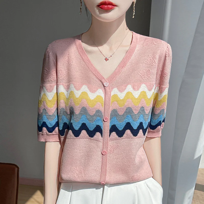 

Новый летний женский жаккардовый свитер Lycel с v-образным вырезом и короткими рукавами, кардиган с волнистыми бабочками, темпераментный топ