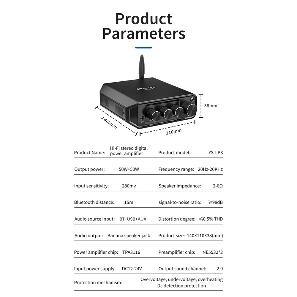 YS-LP3 tpa3116 amplificador classe d bluetooth 5.4 2.0 canais 50wx2 amplificador de áudio estéreo de alta fidelidade amplificador digital volume ajustável