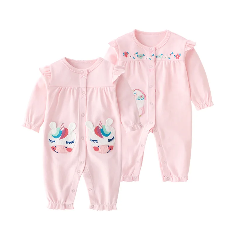 

2026 Spring 100% Cotton Newborn Girl Rompers Cartoon Embroidery Toddler Girls Jumpsuits Homewear Kids Baby Girl Bodysuits