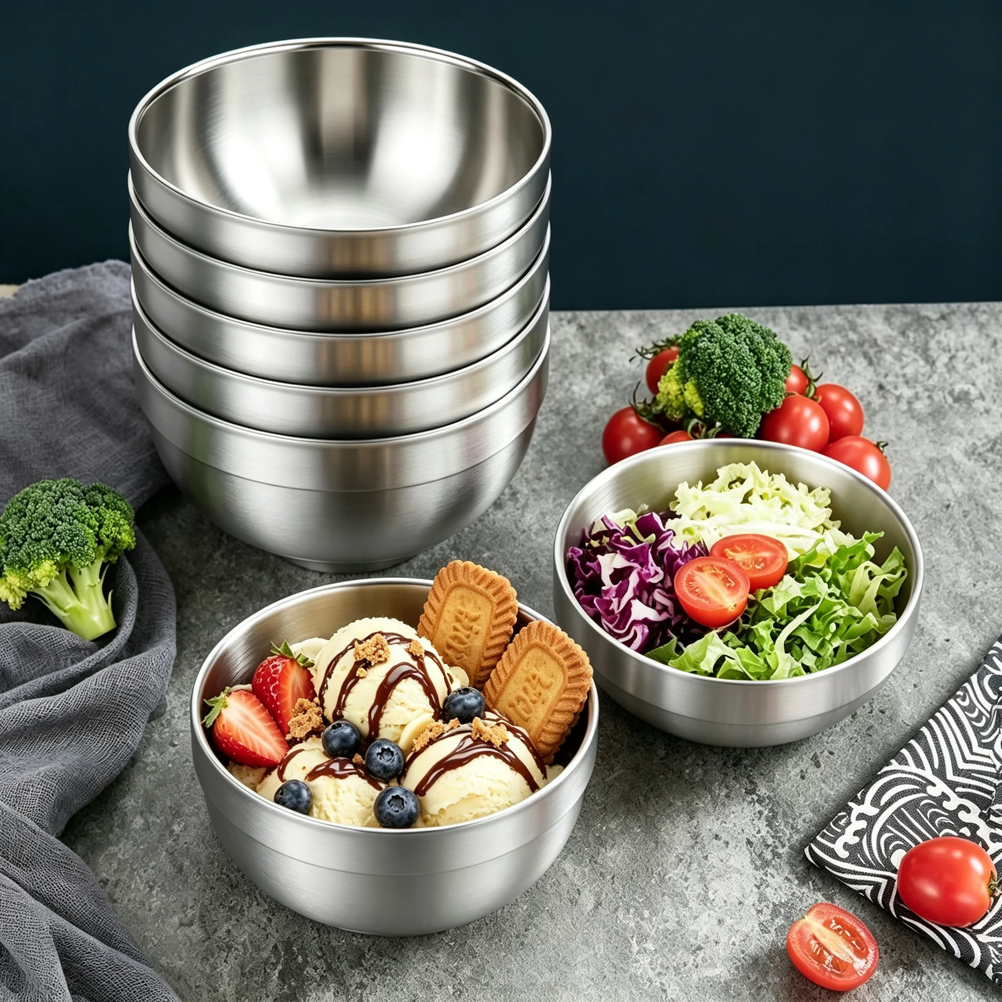 Juego de 6 Tazones de Acero Inoxidable con Aislamiento Térmico, Tazones para Mezclar, Tazones de Doble Capa para Arroz, Tazones Metálicos para Helado y Sopa, para Utensilios de Cocina