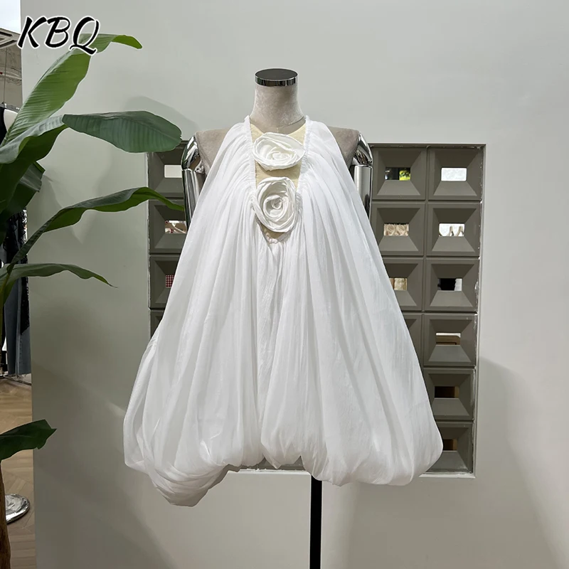 

KBQ Solid Spliced Appliques Loose Dresses for Women Round Neck Sleeveless High Waist Temperament Dress Female Fashion Style New