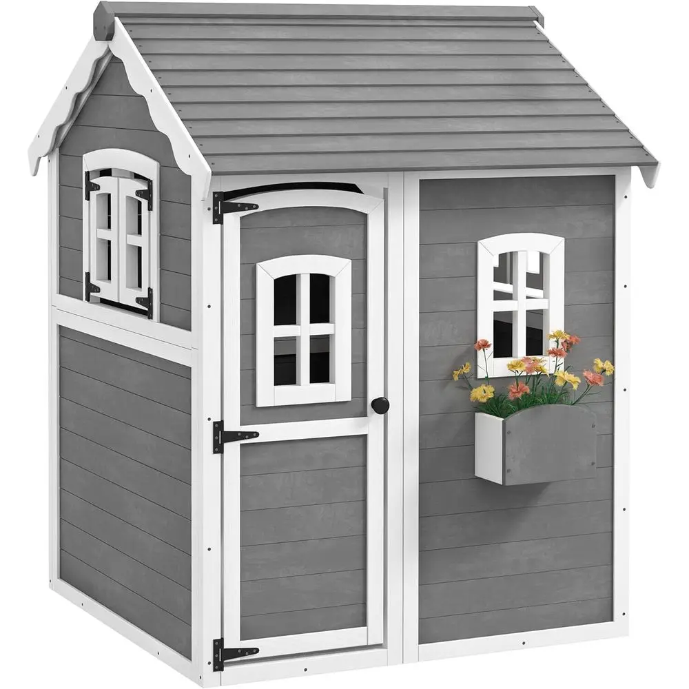 

Gray Kids' Outdoor Wooden Playhouse with Floor, Door, Windows, and Planter for Ages 3-8