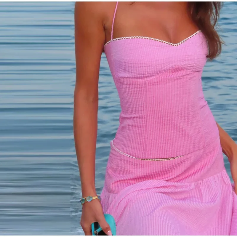 Sexy Neckholder-Crop-Top und Rock-Set für Damen – Strand-Outfit mit kontrastierendem Slim-Strick-Top und langem A-Linien-Rock – Zweiteiliges Set für den Sommer 2026 – Damen-Strandmode – Detail 18