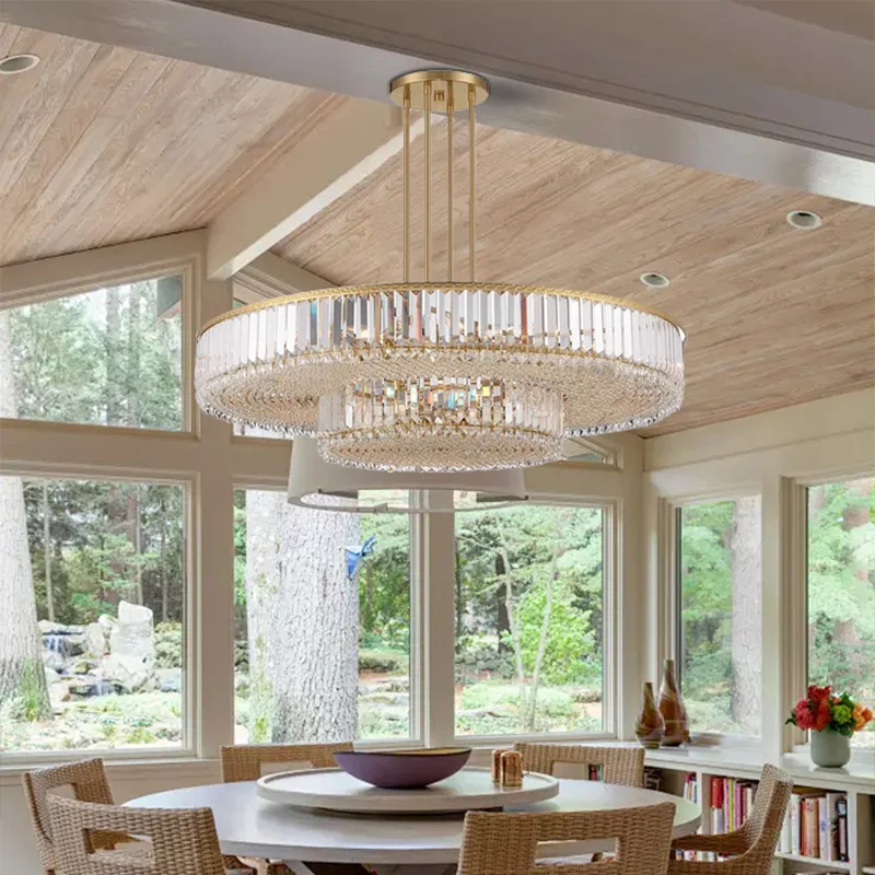 Elegant Modern Gold 2-Tier Round Clear Crystal Prism Ceiling Chandelier with Rods for Dining Living Room Sunroom Home Decor