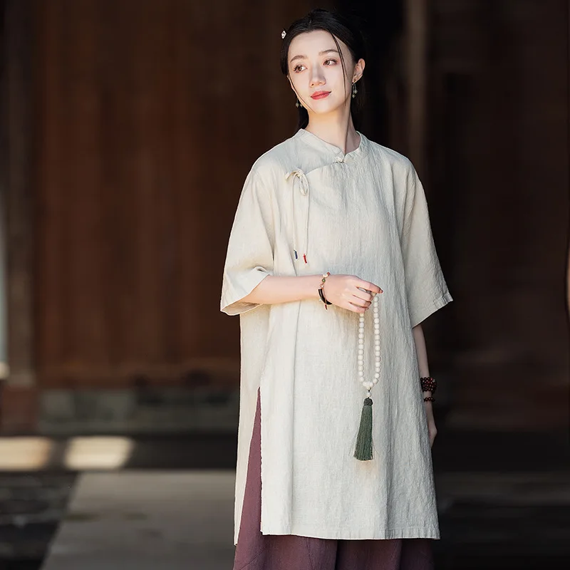 

Yourqipao Summer 2025 Cotton Linen Casual Tops Chinese Style Stand-up Collar Slanted Tops Retro Zen Loose Dress for Women