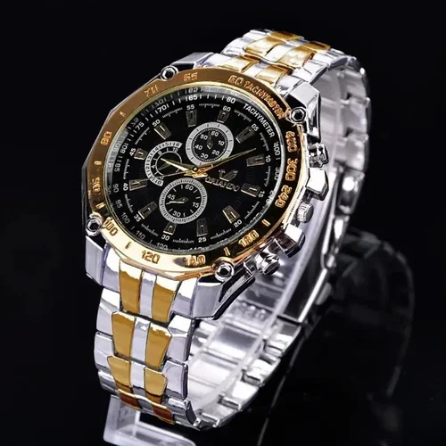 Imagen 1 del producto Relojes para hombre, Reloj de pulsera de cuarzo de acero inoxidable, dorado y plateado, Reloj clásico para hombre, Reloj de lujo para piloto de negocios