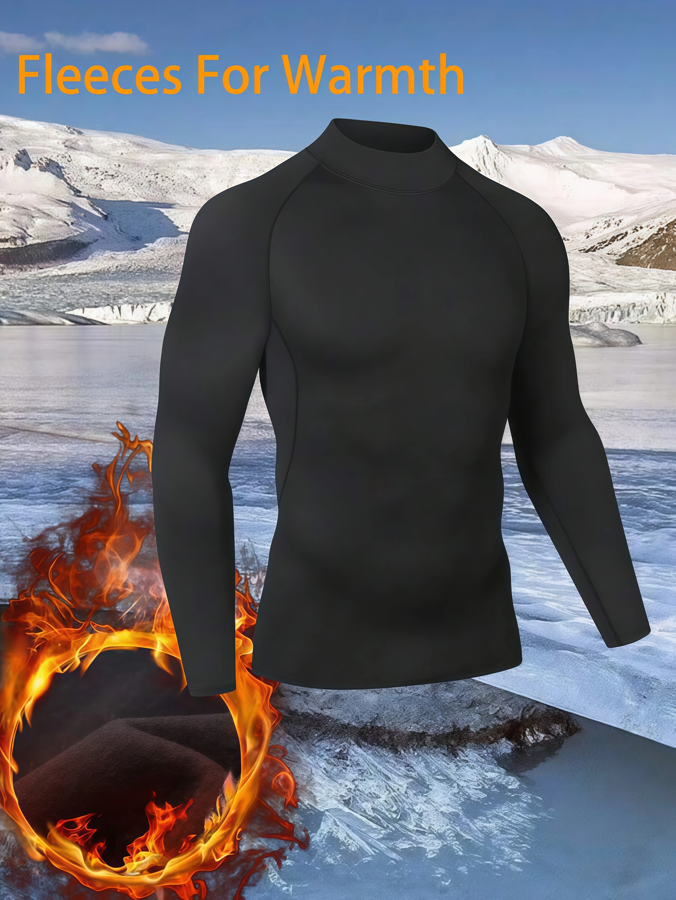 1Set Men’s Black Warm Compression Fleece Tracksuit Mock Neck Slim Fit Elastic Sportswear Running Training Gym Workout Suit