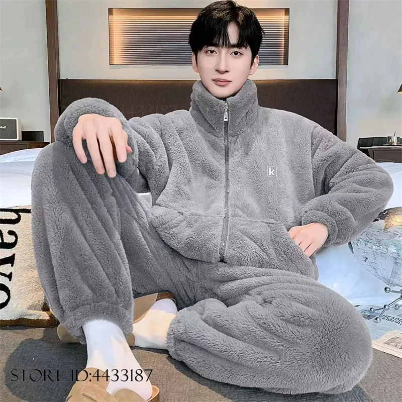 Men's Coral Fleece Pajamas Set Loungewear Autumn Winter New Sleepwear Pijamas Suit Loose Thicken Flannel Nightwear Homewear