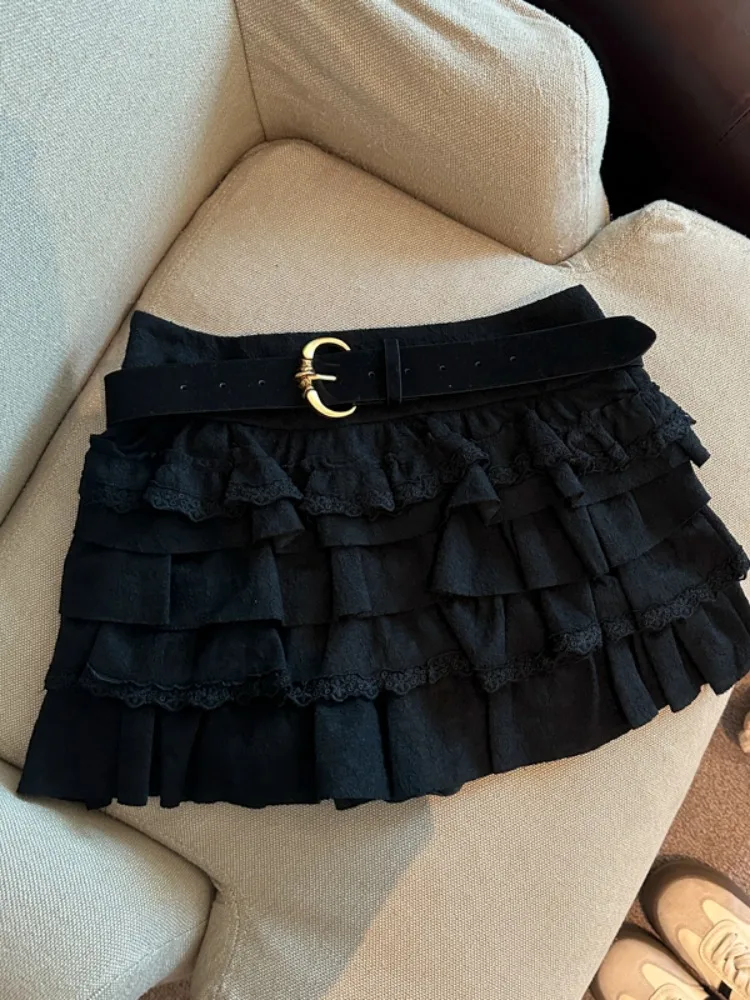 Słodka spódnica w kształcie litery A z wysokim stanem i koronkowym wykończeniem dla kobiet, baletowa spódniczka, spódnice typu cake, puszyste spódnice, wersja koreańska, odzież codzienna.