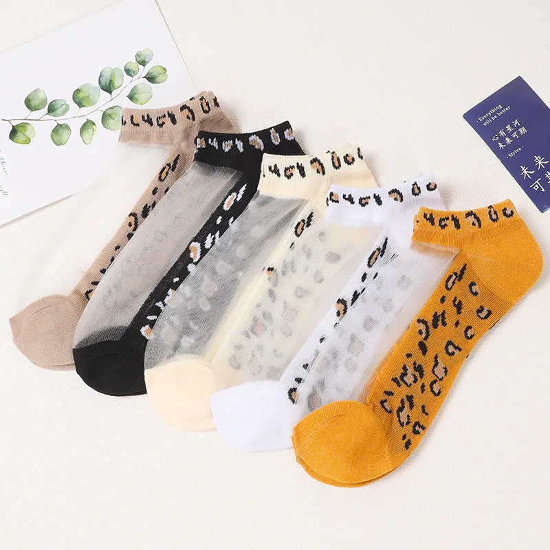 5 Pairs/Set Ultra-thin Sexy Leopard Glass Silk Breathable Short Women Socks Suit In Spring Summer