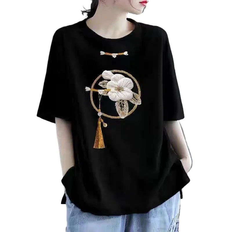 Women's Clothing Round Neck Summer Pullover Solid Color Plant&Flowers Embroidered Bow T-shirt Chinese Style All-match Tops