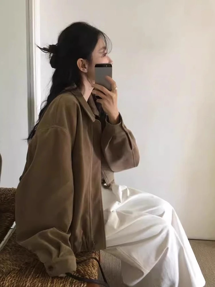 

Korean Chic Autumn Casual Moto&Biker Coat Women Vintage Lapel Neck Zipper Jackets Black All-match Long Sleeve Tops Mujer