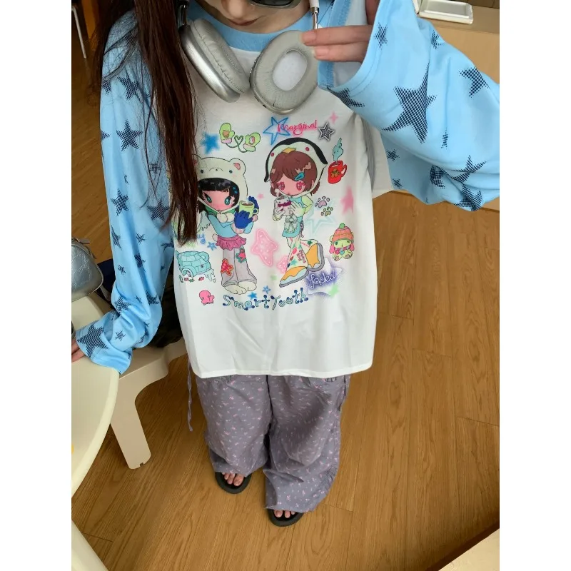 

American Retro Cartoon 3D Printed Star Raglan T-shirt for Women in Autumn, Loose and Versatile Top, Quick Drying