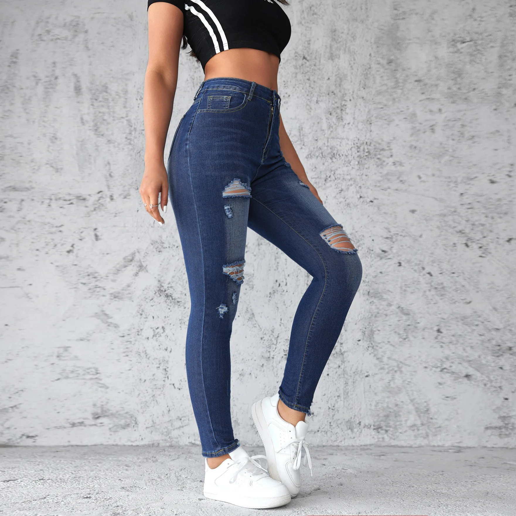 High Waist Ripped Jean Women Hole Jeans Denim Ankle Length Pants Sheath Skinny Pockets Casual Solid Washed Distressed 2024