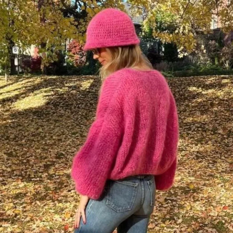 

High Quality One Size Woman Handwork Rose Red Long Sleeve Knit Sweater Cardigan Hat