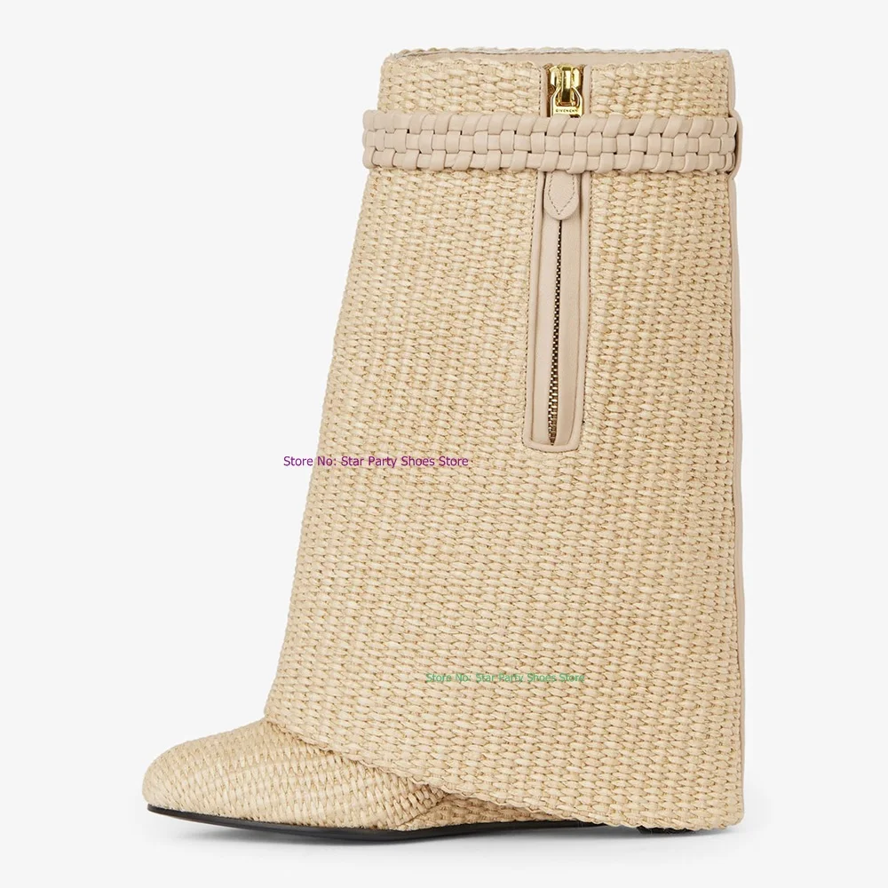 

Attractive Shark Lock Decoration Women Round Toe Mid Calf Woven Boots Hide Wedge Heel Female Slipe On Long Boots Shoes