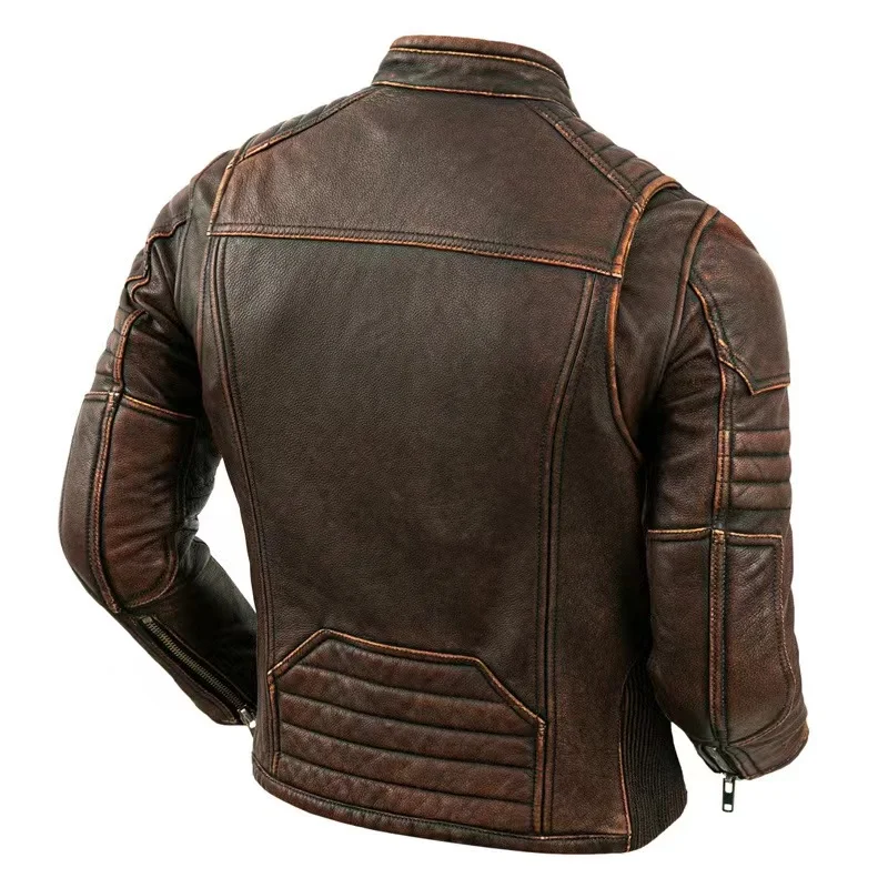 Top-Quality Cowhide Genuine Leather Jacket Men\'s Fashion Retro Old Collar Biker Jacket Spring And Autumn New Style