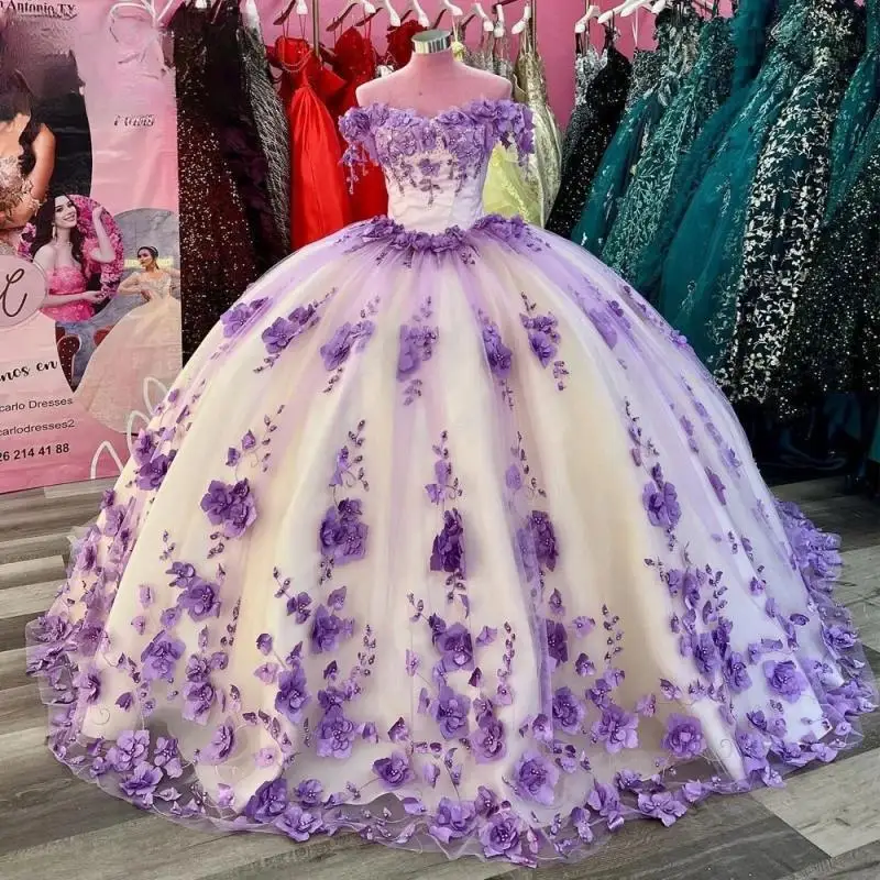 Lilás princesa quinceanera vestidos de baile fora do ombro floral pérolas flor doce 16 vestidos 15 anos personalizado