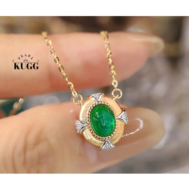 KUGG 18K White&Yellow Gold Necklace Shiny Diamond Natural Emerald Pendant Necklace for Women Vintage Style High Party Jewelry