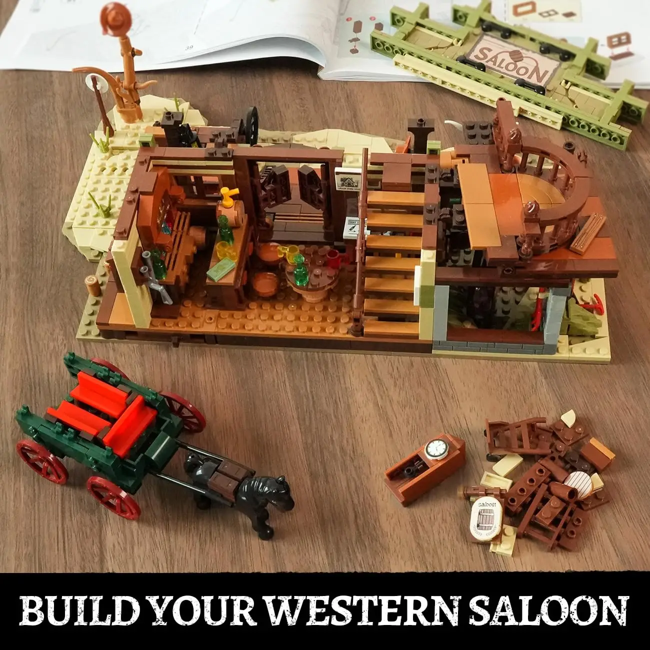 Conjunto de construção de salão ocidental com led, bloco de construção do oeste selvagem, brinquedo de construção oeste com cavalo, transporte estável, chapéu de cowboy, casa