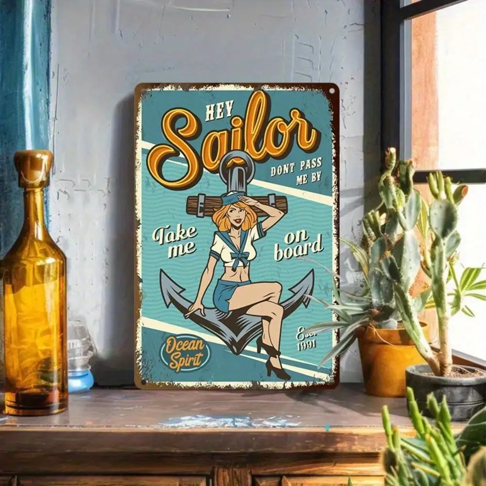 

1PC Tin Sign Hey Sailor - Game Room/Living Room Décor, Anchor & Sailor Girl Design, Retro, 8x12in/20x30cm