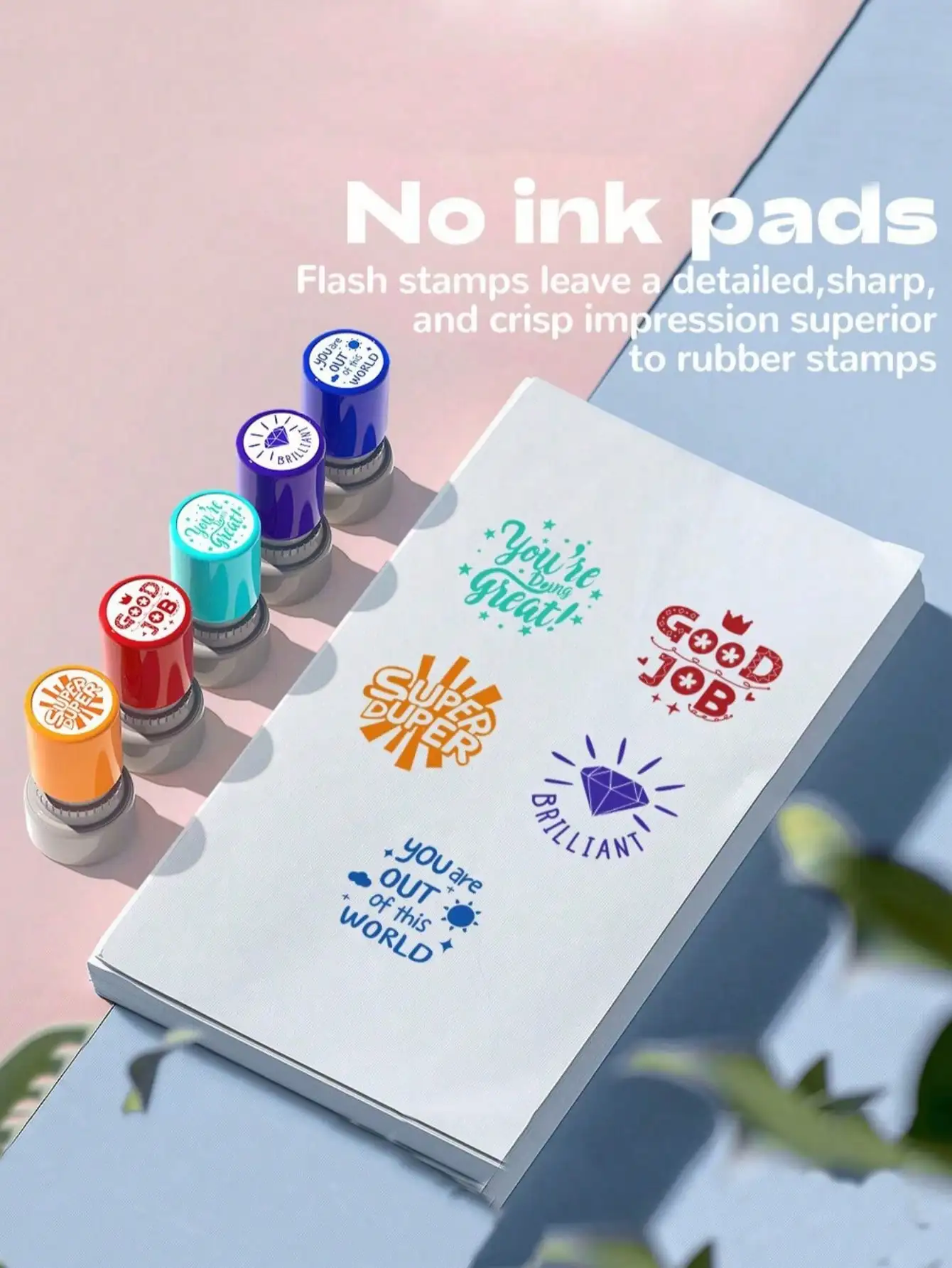 5pcs Teacher Comment Stamp Set – 5-Color Automatic Ink Encouragement & Signature Seals