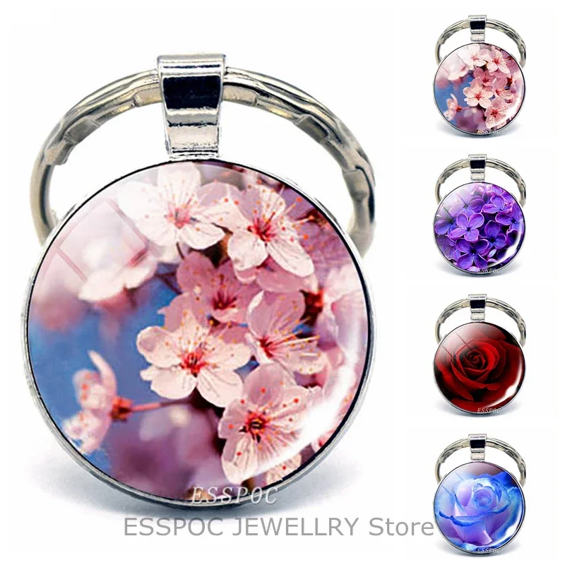 

Flower Accessories Keychain Cherry Blossom Sakura Rose Jewelry Key Holder Key Rings Glass Cabochon Pendant Keychains for Women