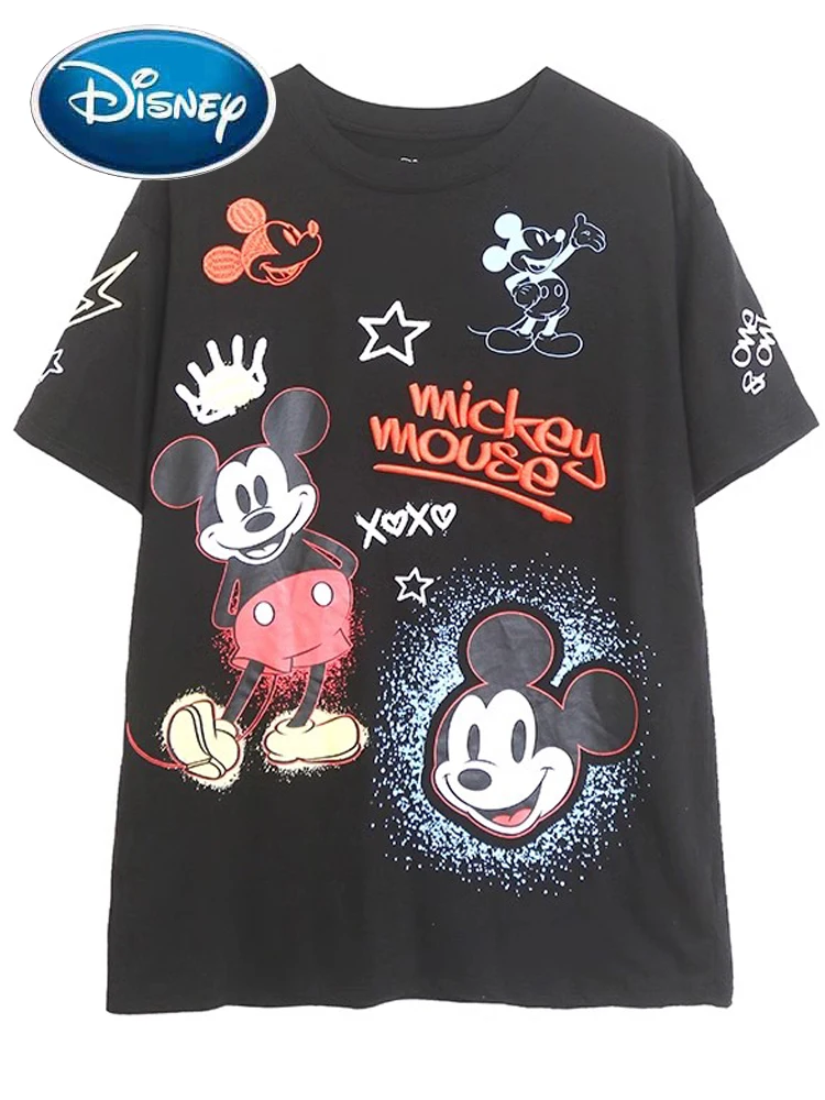 

Disney T-Shirt Mickey Mouse Cartoon Print Embroidery Fashion Women O-Neck Pullover Short Sleeve Tee Tops Black Female Streetwear