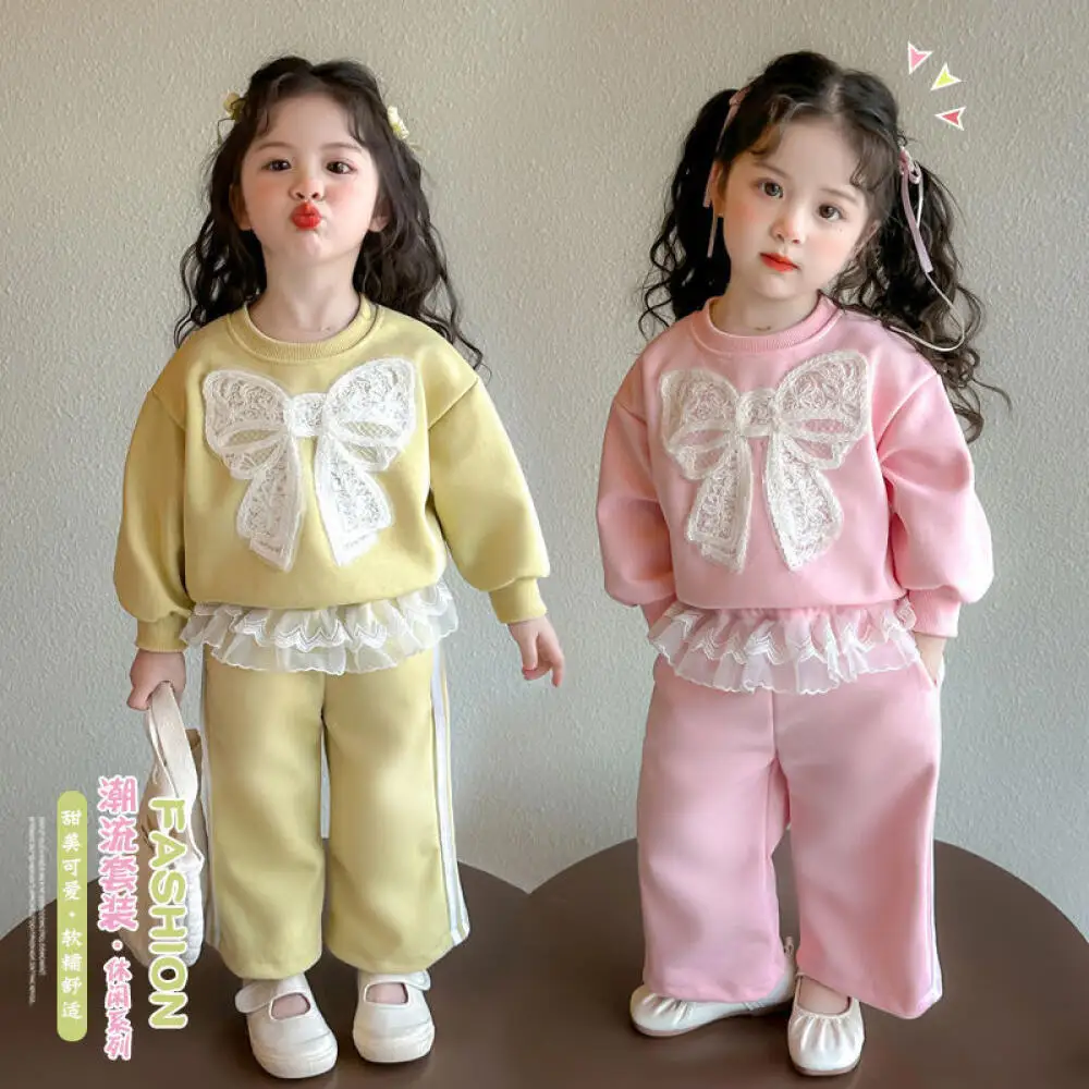

Child Suit Girl Autumn Winter New Lace Hoodie Leisure Kawaii Long Sleeves Children's Clothing Hoodies Trousers Pullover
