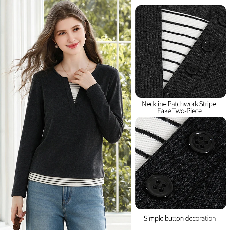 I BELIEVE YOU Women's Blouse Fake Two-piece V Neck Stretch Long Sleeve Tops 2026 Fall Winter New Basic Daily Clothes 2263016475