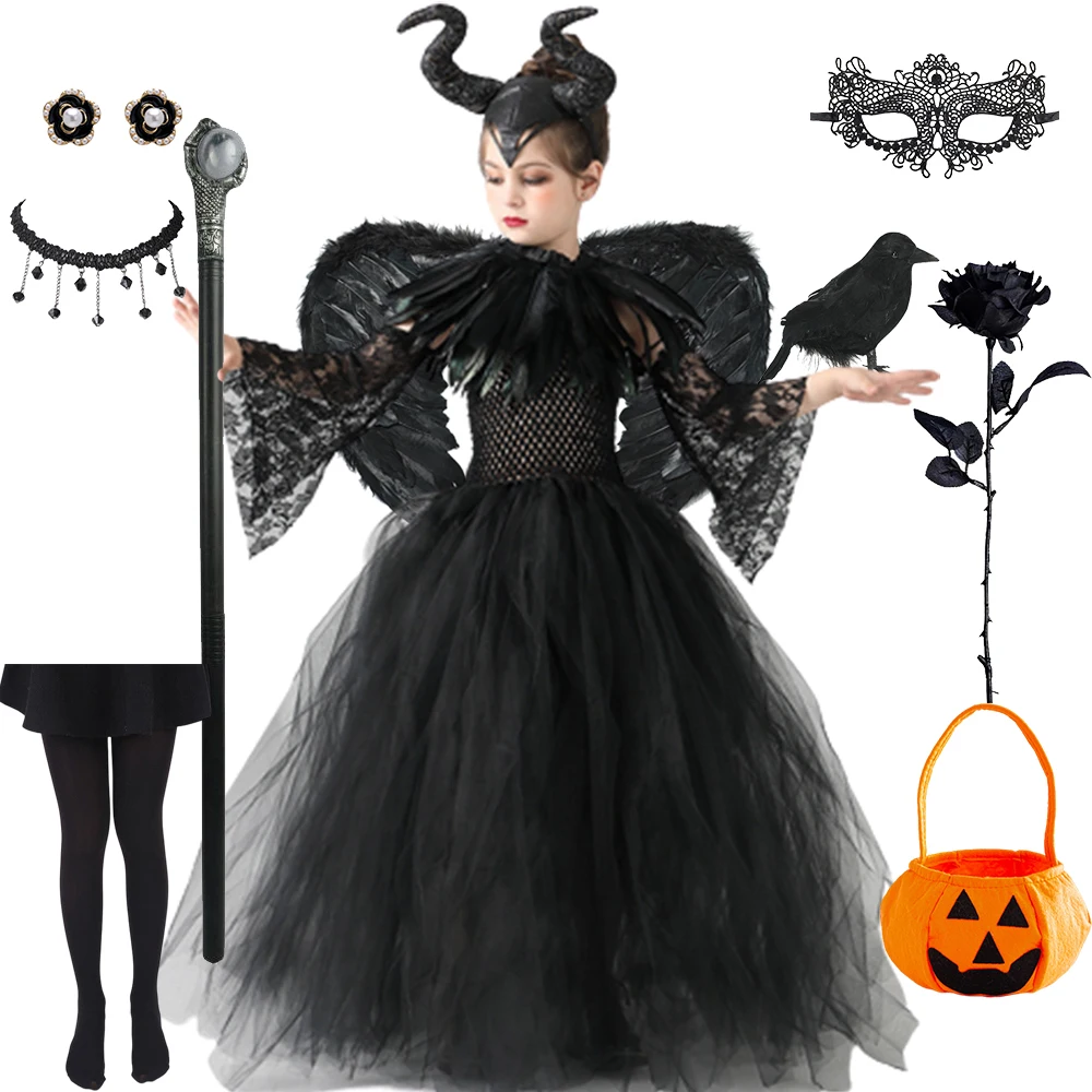 Disfraz de maléfica de Halloween para niñas, disfraz de Reina Malvada, disfraz de bruja, diablo, vestido de princesa de malla negra, Cosplay