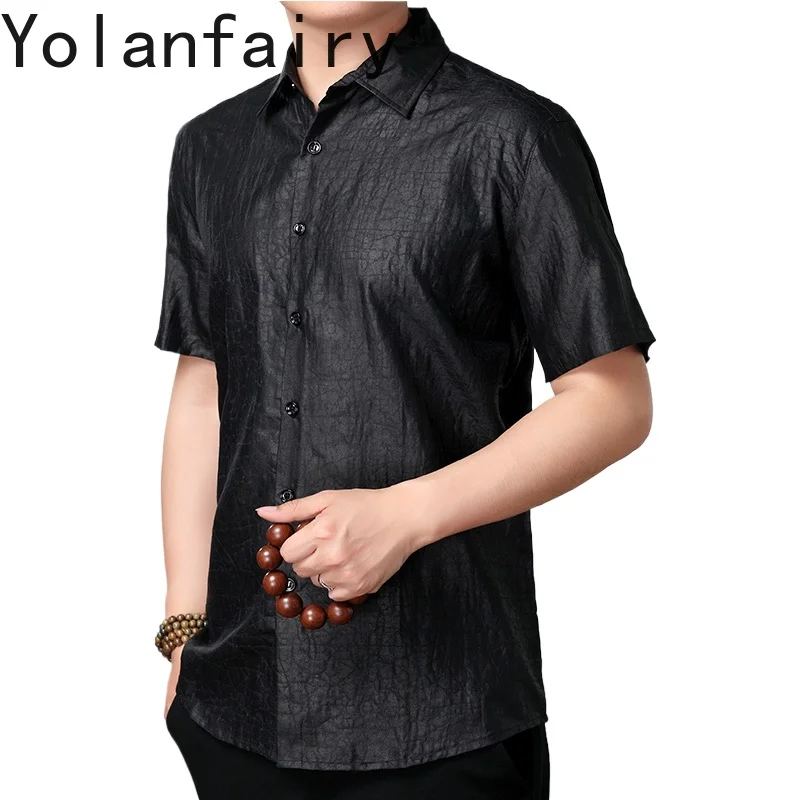 

YOLANFAIRY 100% Mulberry Silk Shirts for Men Chemise Ete 2024 Homme Mens Shirts Short Sleeves Mens Fashion Shirt Loose Fit Top