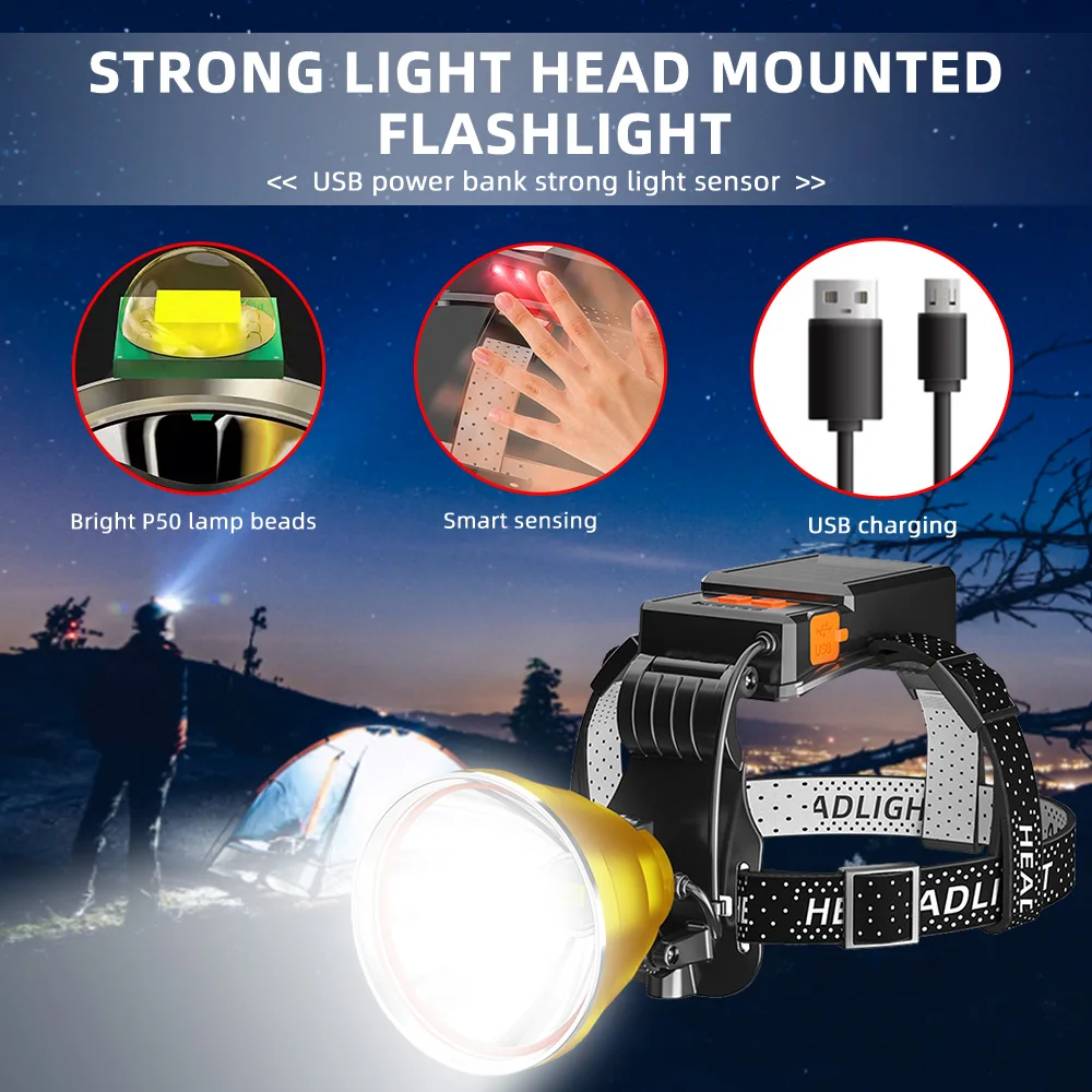 Powerful Sensor Headlamp USB Rechargeable Head Mounted Flashlight Fishing Lamp Torch Camping Waterproof Head Flashlight