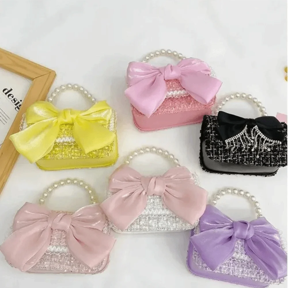 Fashion Synthetic Leather Princess Bag Pearl Decorated Handheld Pearl Handbag Little Girl Bag Children