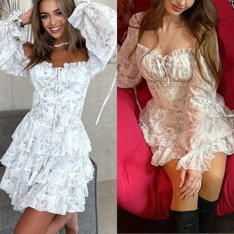 

Elegant Printed Slim Fit Chiffon Dress Tie Front Square Neck Long Sleeve Tiered Dress Fashion Women's High Waisted Pleated Dress