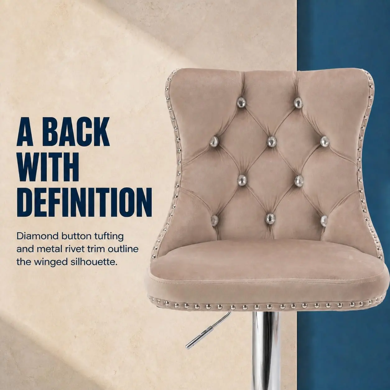 Velvet Bar Stools 6 Adjustable Swivel Counter Height Tufted Back & Nailhead Trim Kitchen Island Khaki Chrome, Customized - view 5