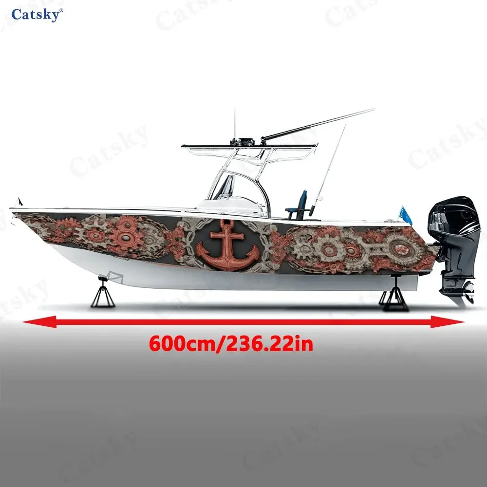 2Pcs Crimson Anchor Mech Boat Stickers, PVC Waterproof Durable Vinyl Wrap Decals for Fishing Boats, Durable and Stylish Design