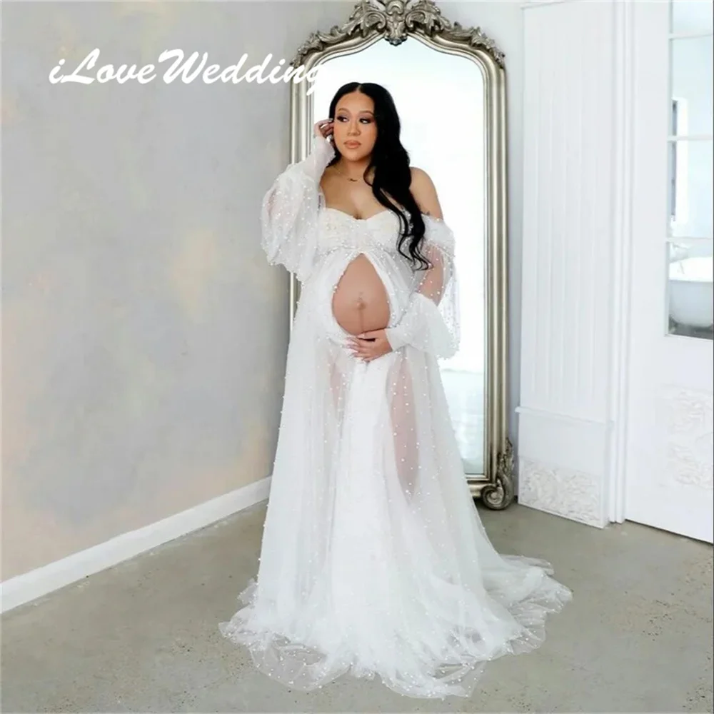 

ILoveWedding Bridal Pearls Maternity Dress for Photography Long Sleeve Pregnant Photoshoot Robe Photo Shoot Dress Baby Shower