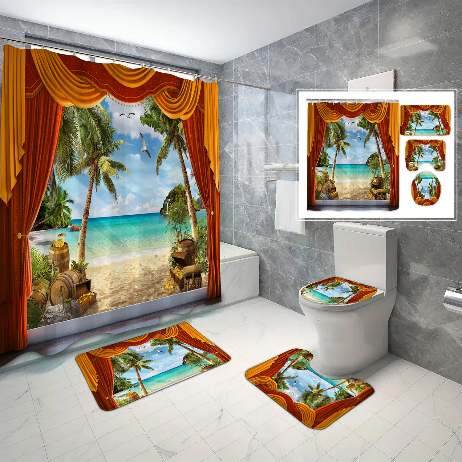 

Набор из 4 красных занавесок с пляжным принтом, водонепроницаемые занавески для душа с 12 крючками и ковриками для ванной комнаты