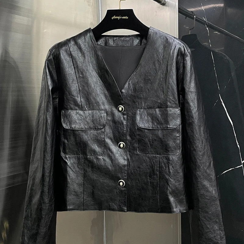 2024 outono nova motocicleta sle pu jaet ort casaco v-ne ele e legal feminino up faion retro couro jaet