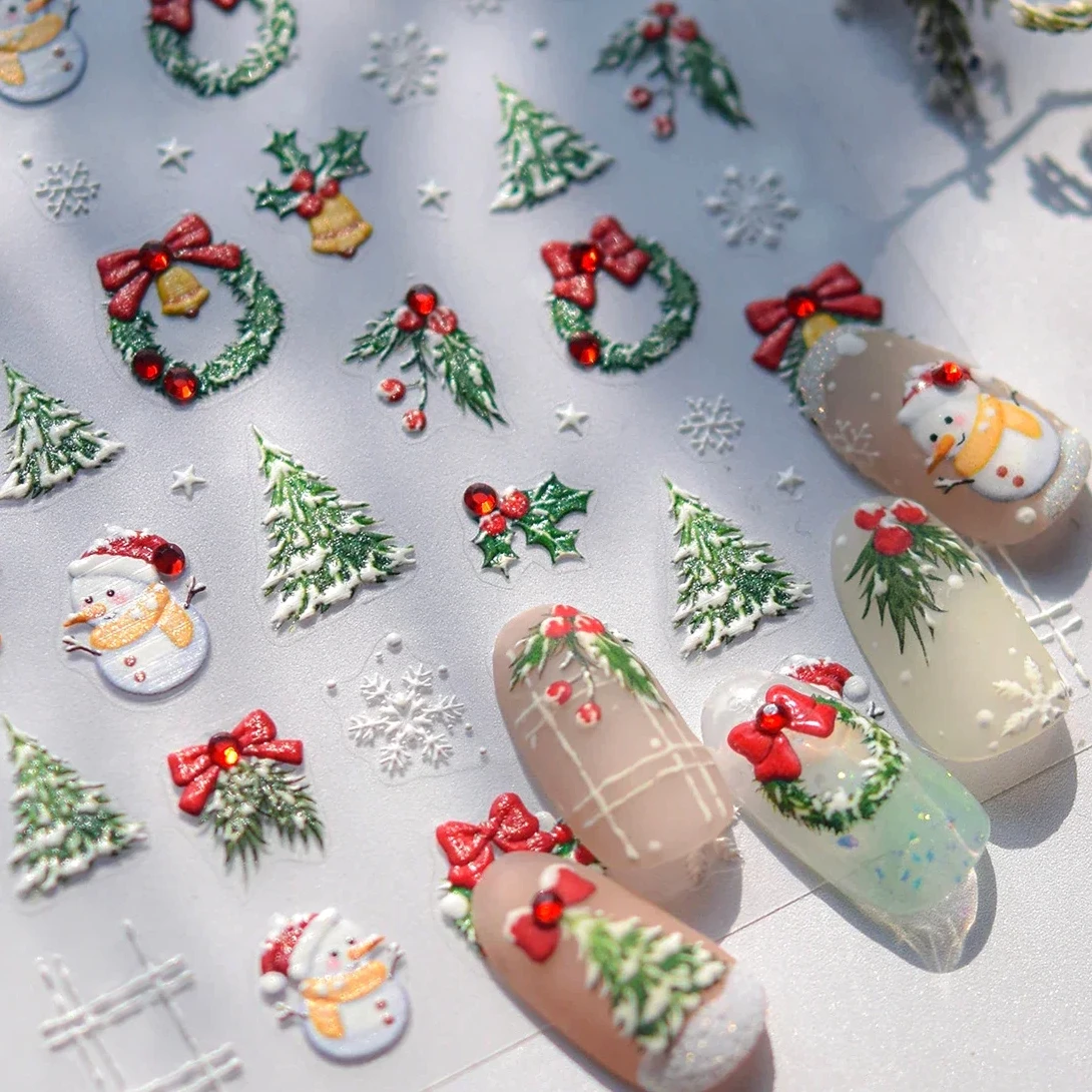 Pine Snowman Winter Snowflake Glitter Rhinestone Bowknot Grid Star Christmas Tree Plant Wreath Nail Art Stickers Manicure Decals