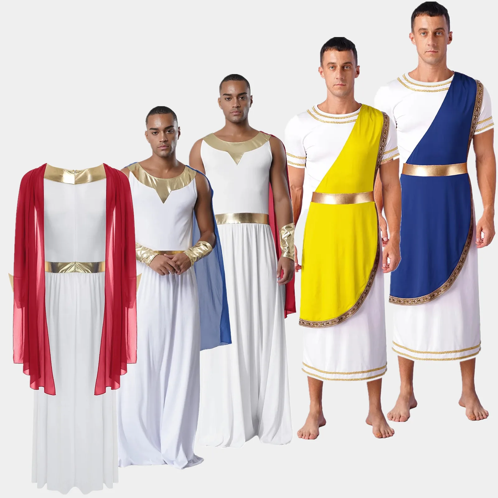 

Mens Toga Outfit Halloween Ancient Greek Cosplay Costume Back Invisible Zipper Shoulder Drapes Roman Robe with Metallic Cuffs